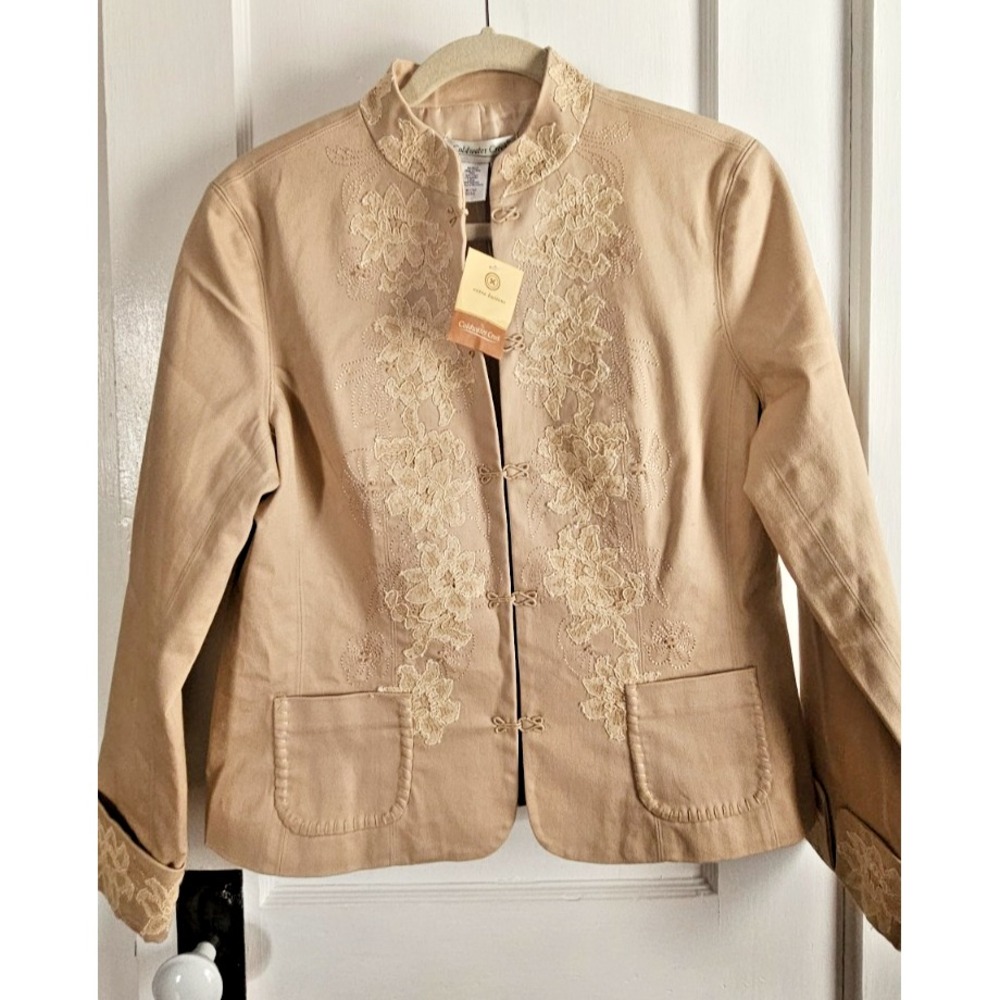 NWT Coldwater Creek beige mandarin collar lace‎ appliue over jacket cotton Sz PM